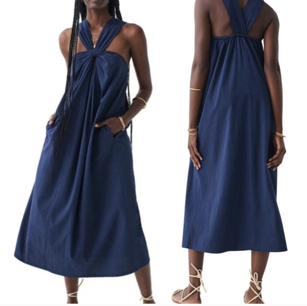 Faherty  Bay Twist Seersucker Halter Dress Sz.L Navy NWT